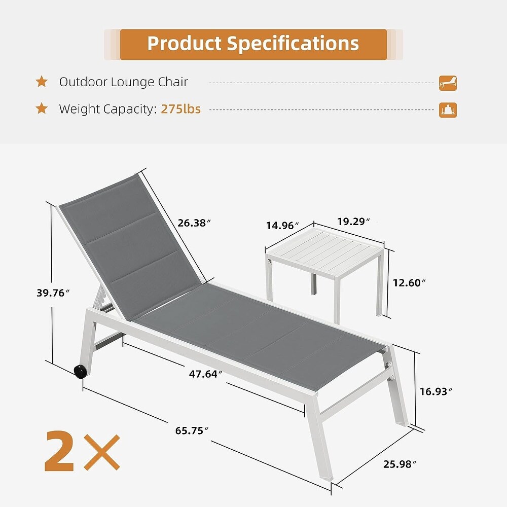 PURPLE LEAF Outdoor Chaise Lounge Set Adjustable Sunbathing Recliner with Side Table