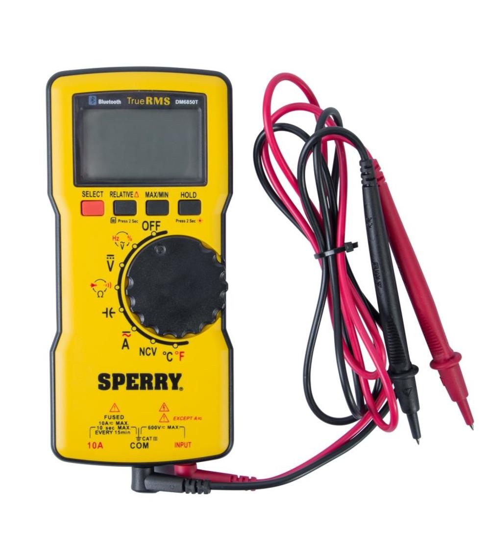 Sperry Instruments DM6850T Digital Multimeter， Thin， TRMS， Bluetooth， Autoranging， 600 V AC/DC， 10A Current， Continuity， Resistance， Capacitance， Frequency， Temperature ;