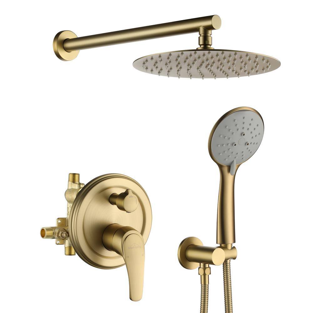 Boyel Living 5-Spray Patterns with 3.2 GPM 10 in. Wall Mount Dual Shower Heads with Rough-In Valve Body and Trim in Brushed Gold SMD-88040BG-10