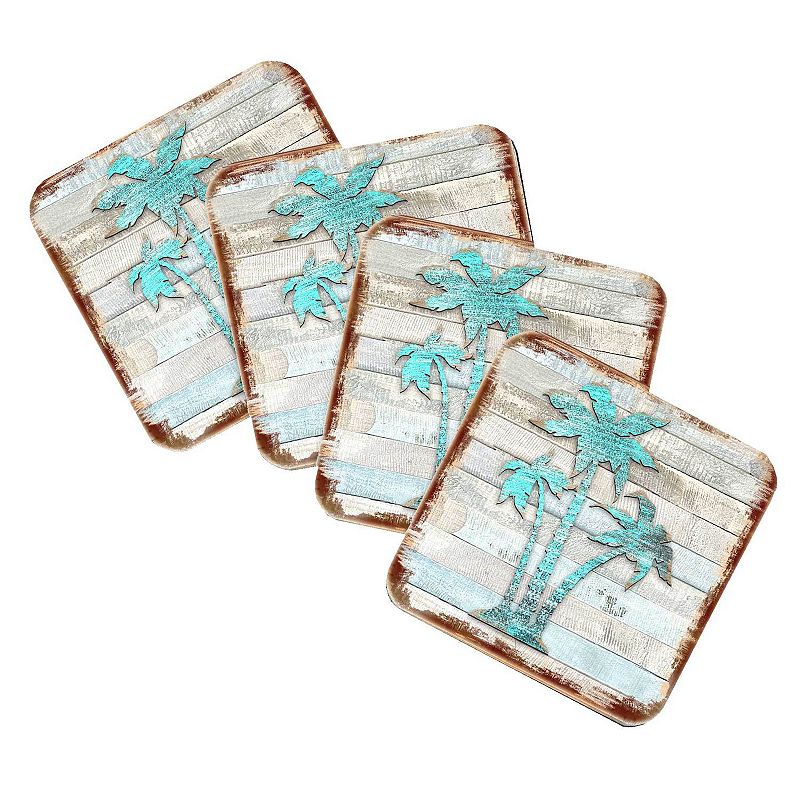 Palm Trees Coastal Wooden Cork Coasters Gift Set of 4 by Nature Wonders