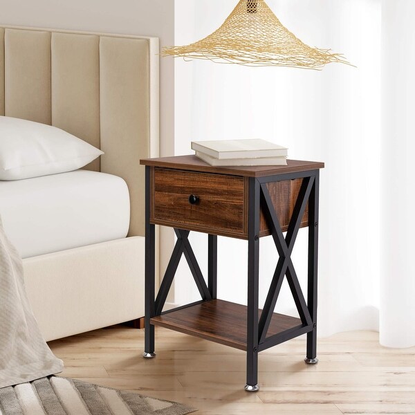 Nightstand with Drawer and Open Storage Shelves with X Shape Frame， Bedside End Table for edroom， Living Room， Hallway