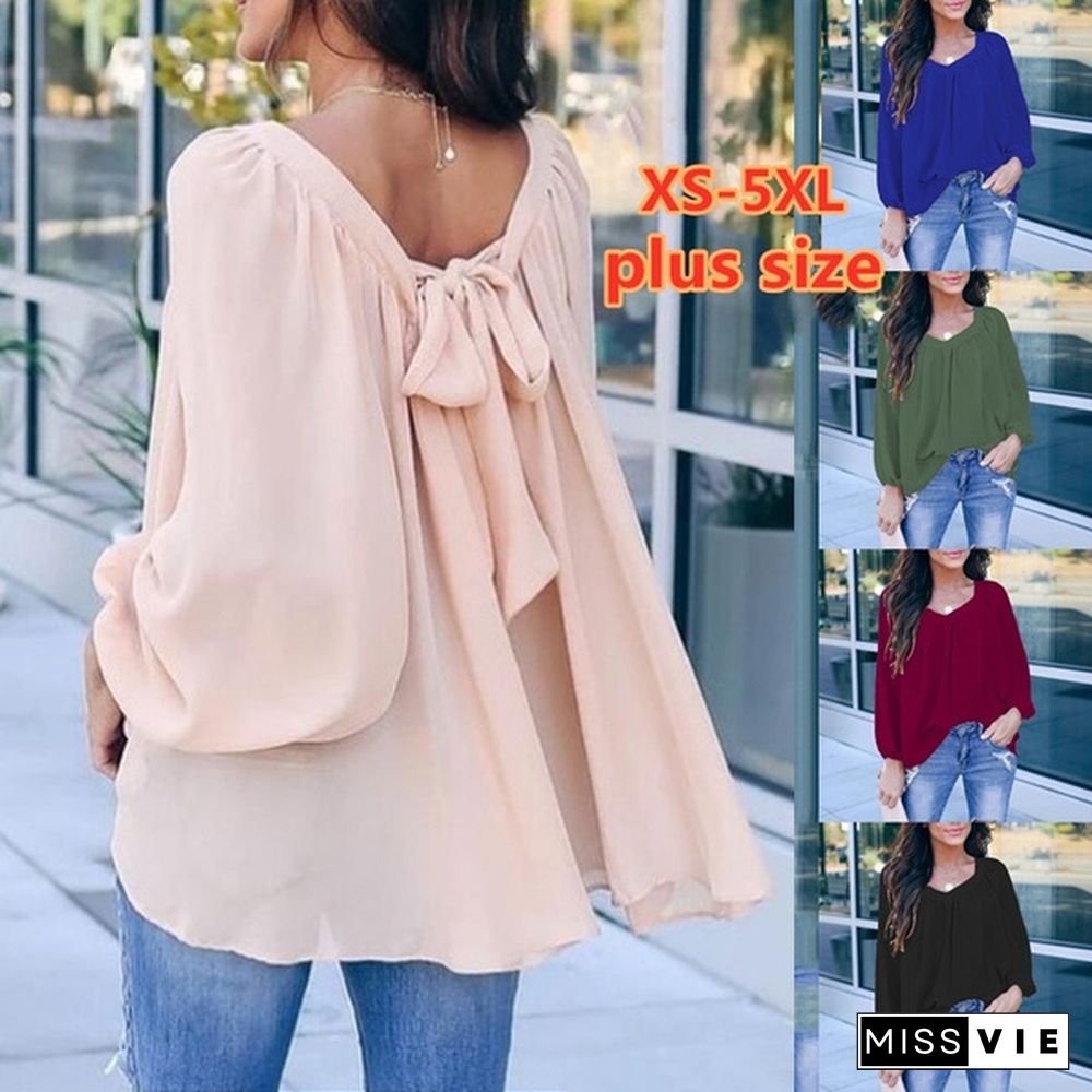 Plus Size XS-5XL Women's Fashion Clothes Pure Color Long Sleeve Shirts Elegant Ladies Casual V-neck Tops Spring and Autumn Bow-knot Lace Up Loose Chiffon Blouse