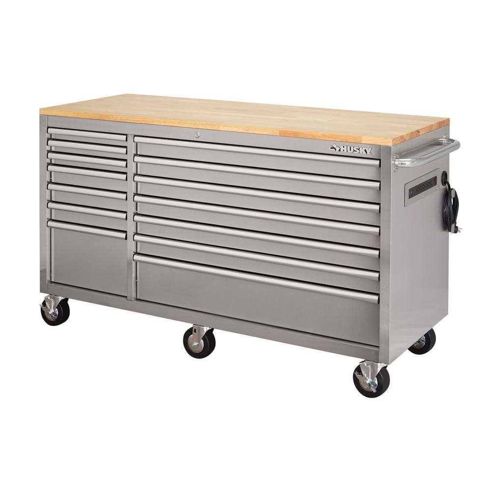 Husky 62 in. W x 24 in. D Standard Duty 14-Drawer Mobile Workbench Tool Chest with Solid Wood Top in Stainless Steel HOTC6214JX1M