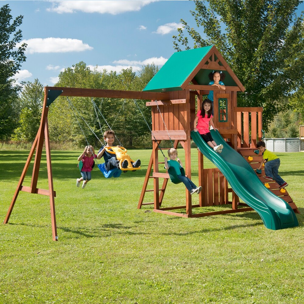 Swing N Slide Willows Peak Wood Swing Set w/ 2 Swings  Slide and Picnic Table