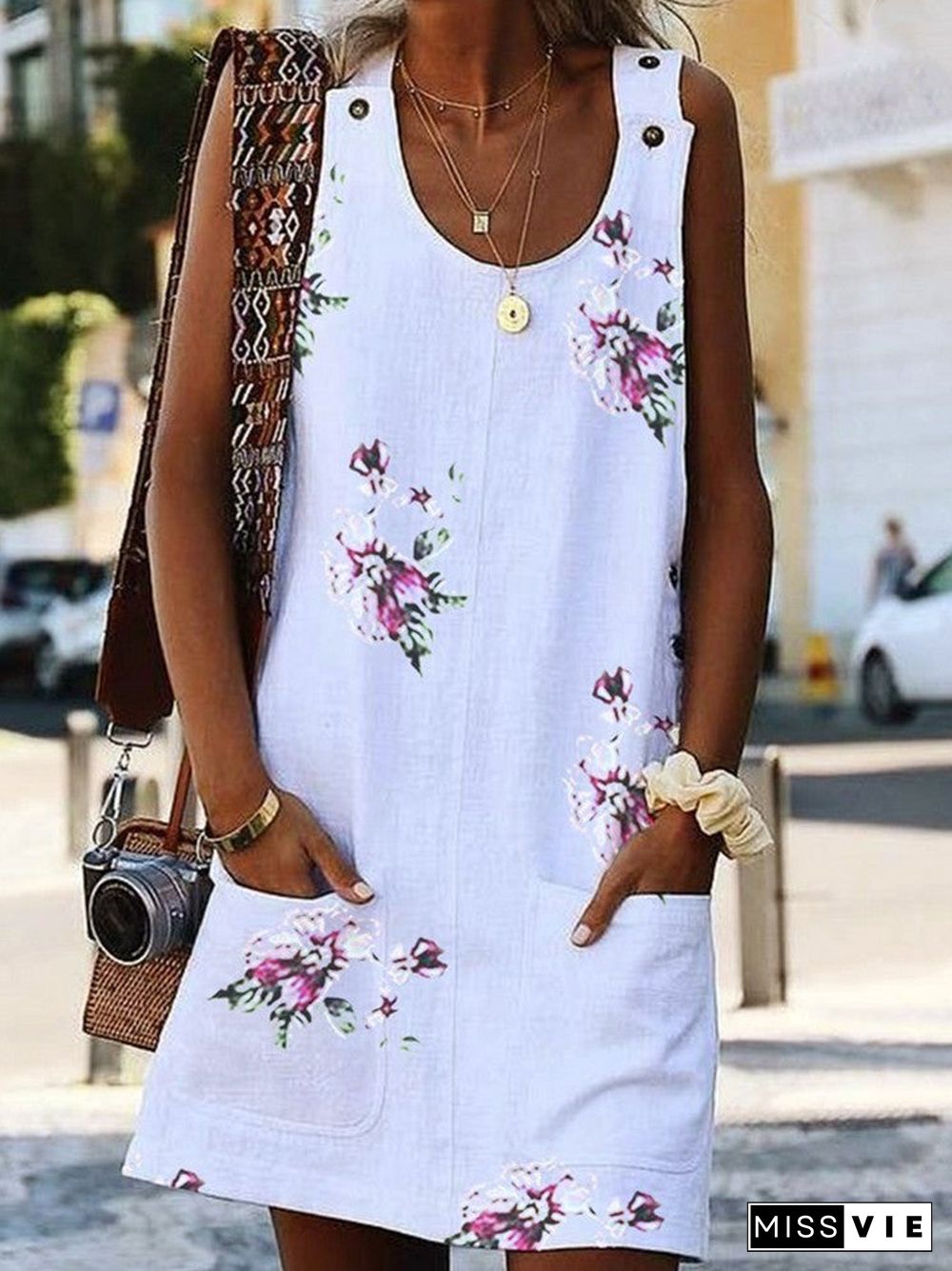 Women Sleeveless Scoop Neck Floral Printed Midi Dress