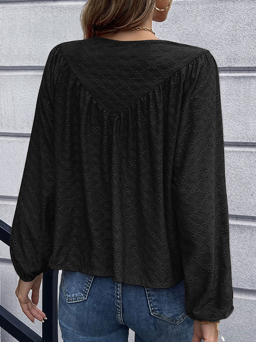 Round Neck Casual Loose Hollow Embroidered Long Sleeve Blouse