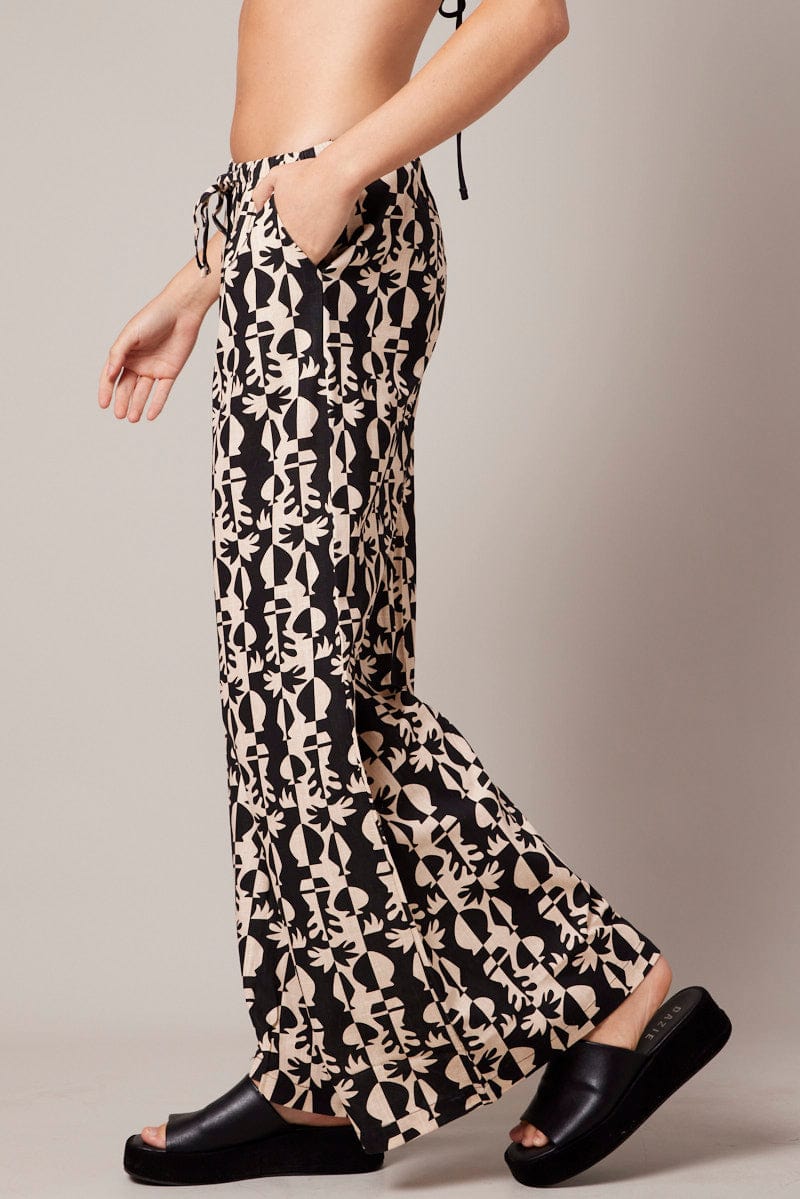 Black Abstract Wide Leg Pants High Rise