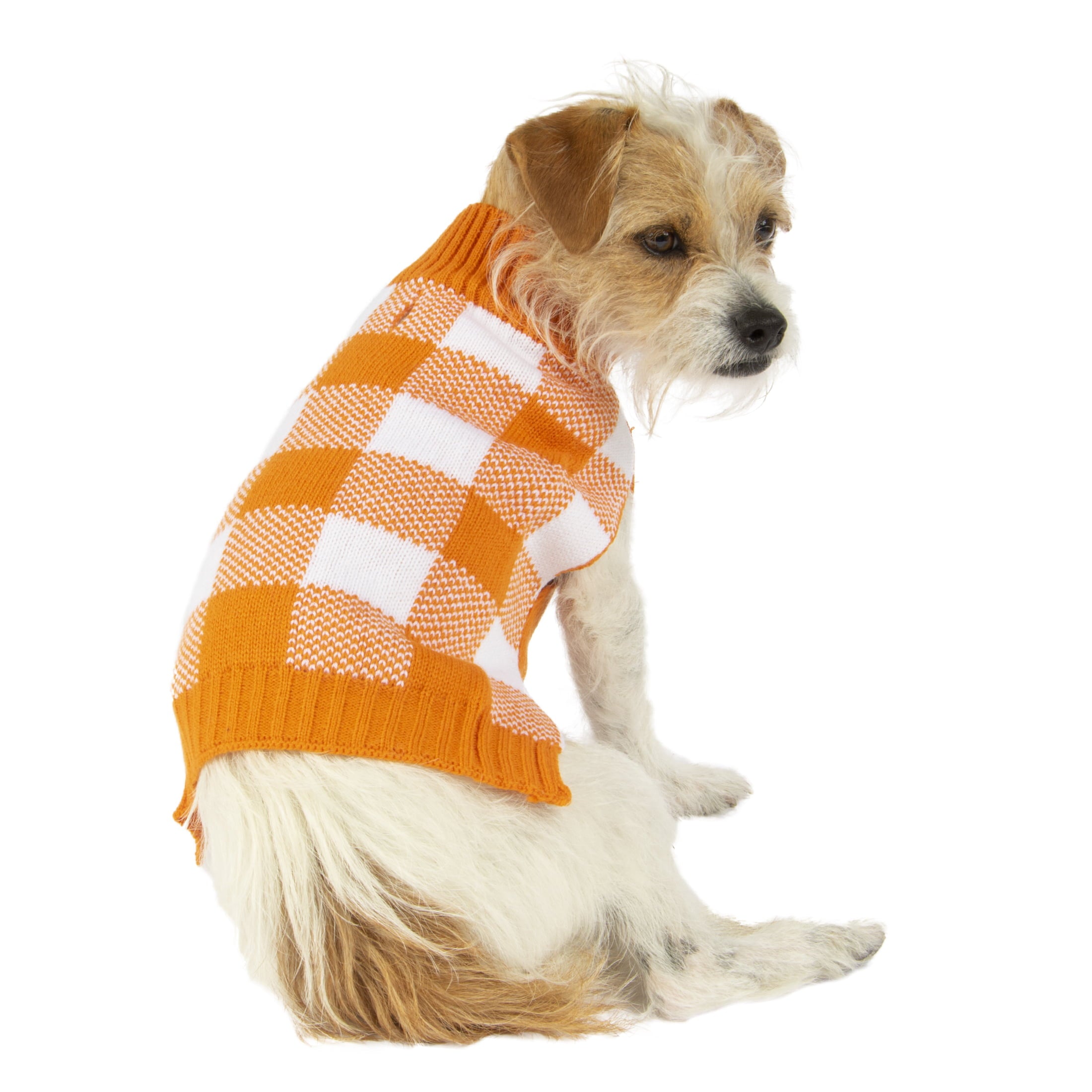 Vibrant Life Halloween Dog Clothes， Orange Buffalo Checkered Sweater， for Dogs or Cats， Size Small