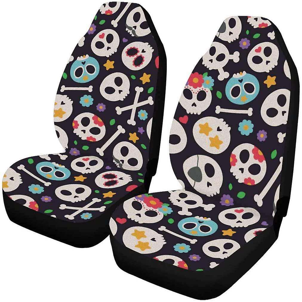 Set Of 2 Car Seat Covers Skull Flower Bones Universal Auto Front Seats Protector Fits For Car，suv Sedan，truck