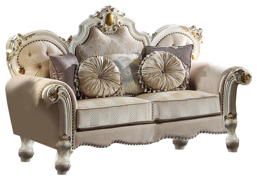 Wood And Fabric Traditional Style Loveseat With Toss Pillows  White And Cream   Victorian   Loveseats   by VirVentures  Houzz