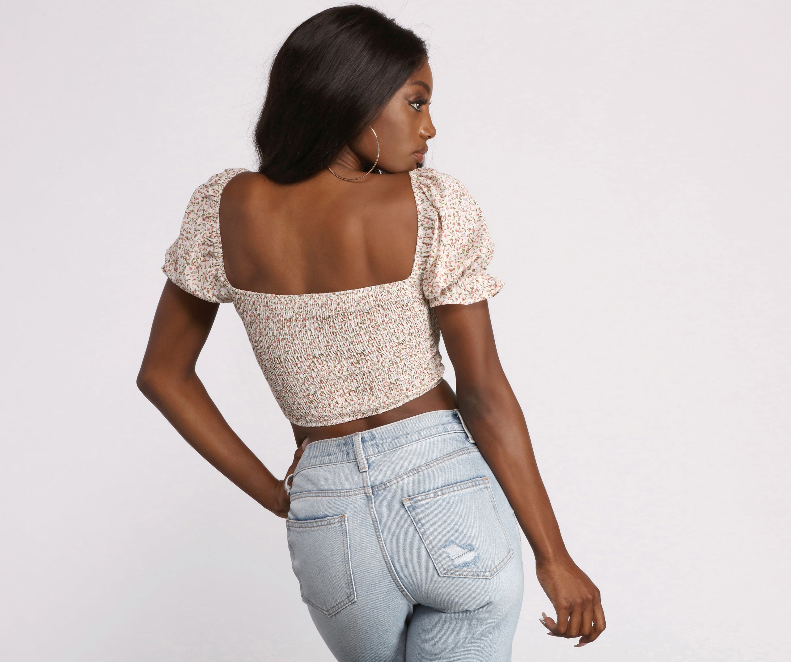 Cropped Floral Ditsy Puff Sleeve Top