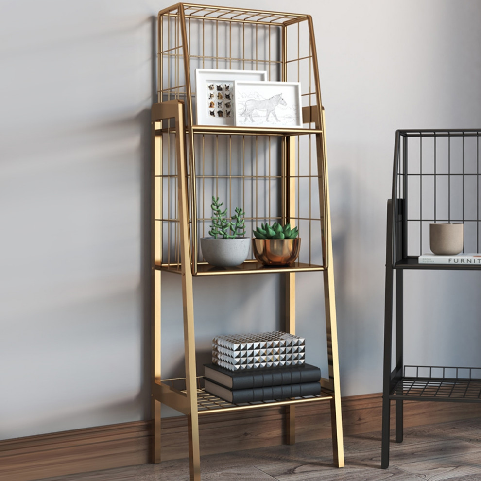 Industrial Gold Bookshelf with 3 Tier Basket Office Bookcase   Contemporary   Bookcases   by Homary International Limited  Houzz