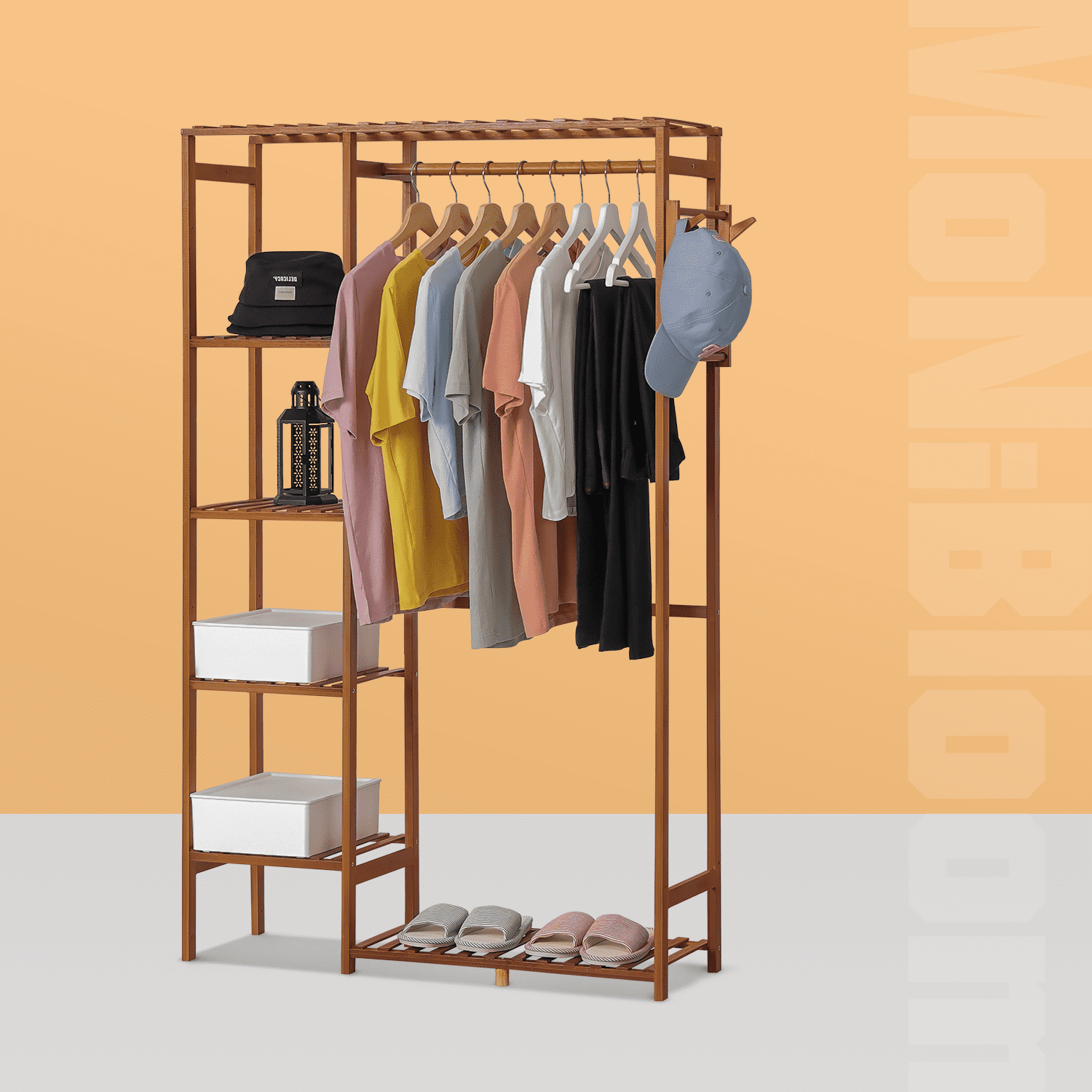 MoNiBloom Bamboo 6 Tiers Coat Pants Rack， Hanging Rod Closet Organizer Wardrobe， Brown， for Home