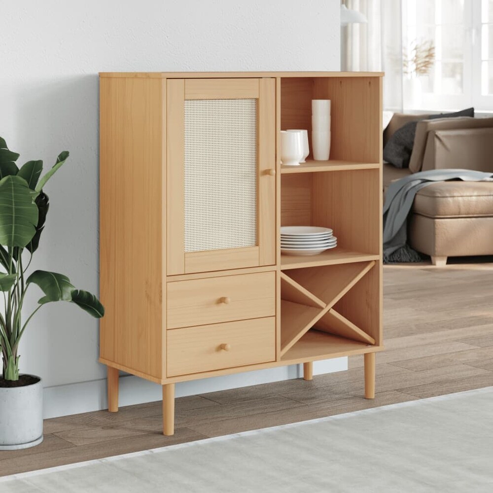 vidaXL Highboard Tall Storage Side Cabinet SENJA Rattan Look Solid Wood Pine   35.4\