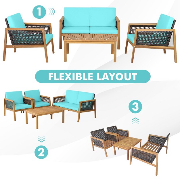 Tangkula 4pcs Patio Acacia Wood Furniture Set Pe Rattan Conversation Set W Turquoise Cushions