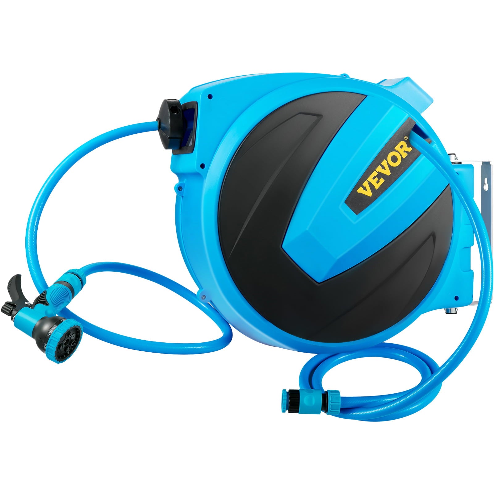 VEVOR Retractable Hose Reel， 1/2 inch x 100 ft， Any Length Lock and Automatic Rewind Water Hose， Wall Mounted Garden Hose Reel With 180° Swivel Bracket and 8 Pattern Hose Nozzle， Blue