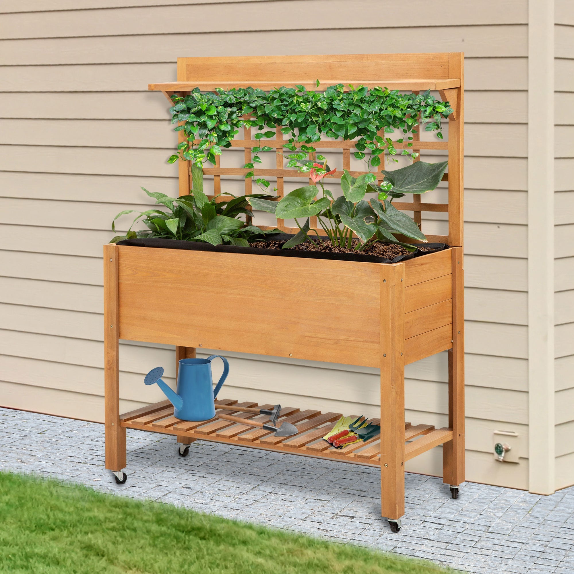 Outsunny 41" Raised Garden Bed with Trellis on Wheels, Wooden Elevated Planter Box with Legs and Bed Liner, for Flowers, Herbs & Vegetables, Brown