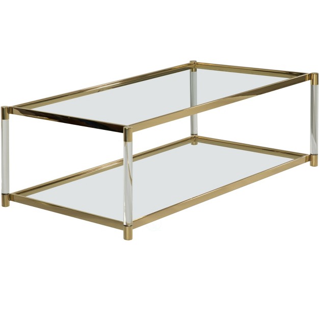 Fabulaxe Acrylic Rectangular Modern Gold Metal Coffee Table With Tempered Glass And Shelf For Office Dining Room Entryway