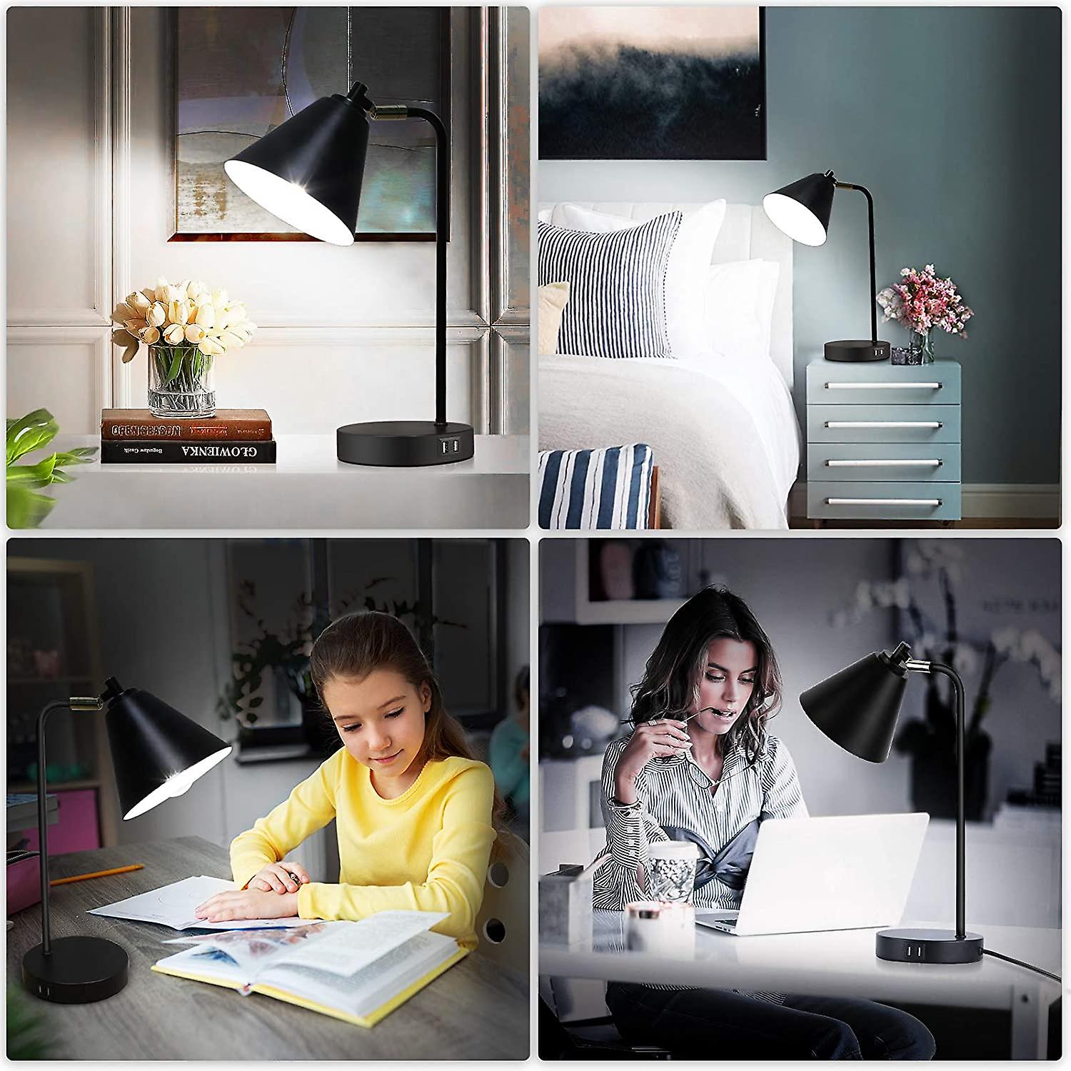 Industrial 3 Way Dimmable Touch Control Desk Lamp With 2 Usb Ports and Ac Outlet Bedside Nightstand Reading Lamp Flexible Head Farmhouse Black Table Lam