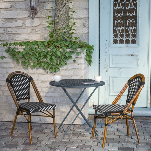 Flash Furniture Bordeaux Set Of 2 Indoor outdoor Commercial French Bistro Stacking Chairs Pe Rattan Back And Seat Bamboo Print Aluminum Frame