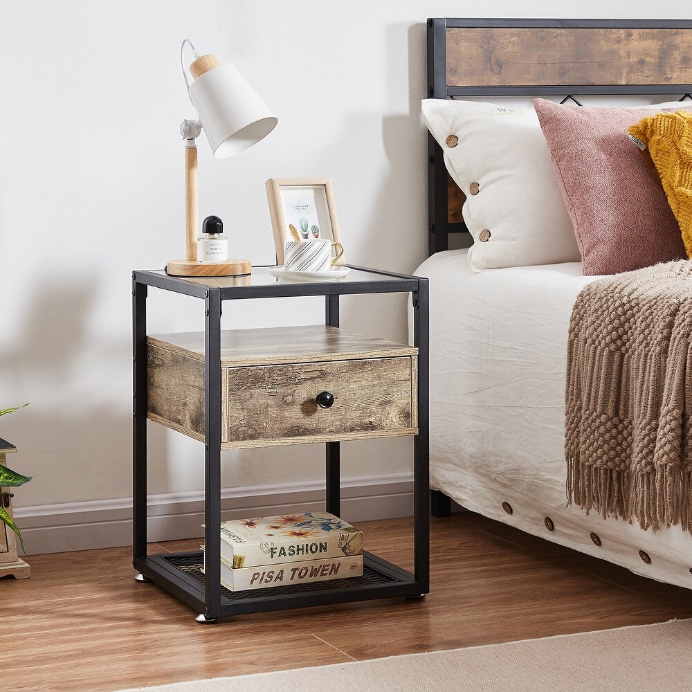 VECELO Modern 1  Drawer Nightstands with Tempered Glass Top