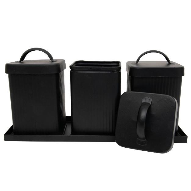 Set Of 3 Black Metal Canisters With Tray Foreside Home amp Garden