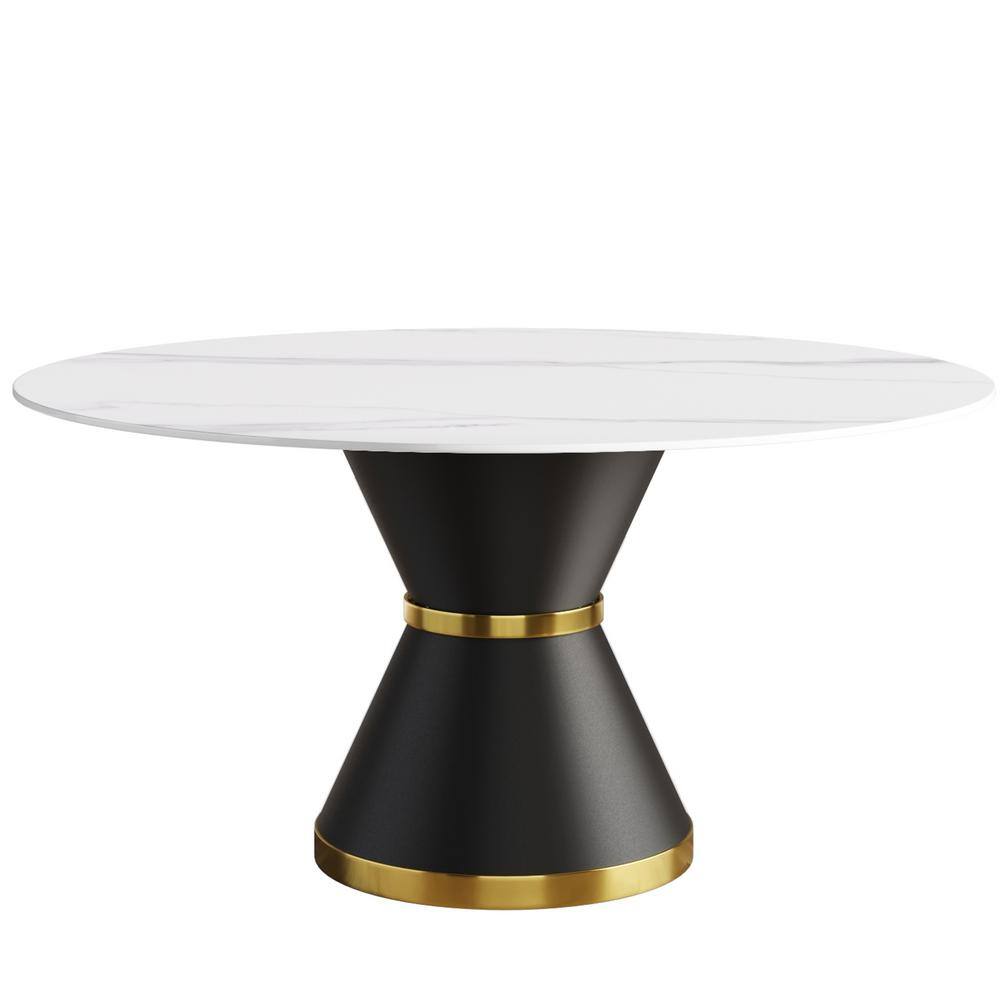 Magic Home 59.05 in. Round Sintered Stone Dining Table with Black Pedestal Metal Base (Seat 8) CS-LP000140PAA