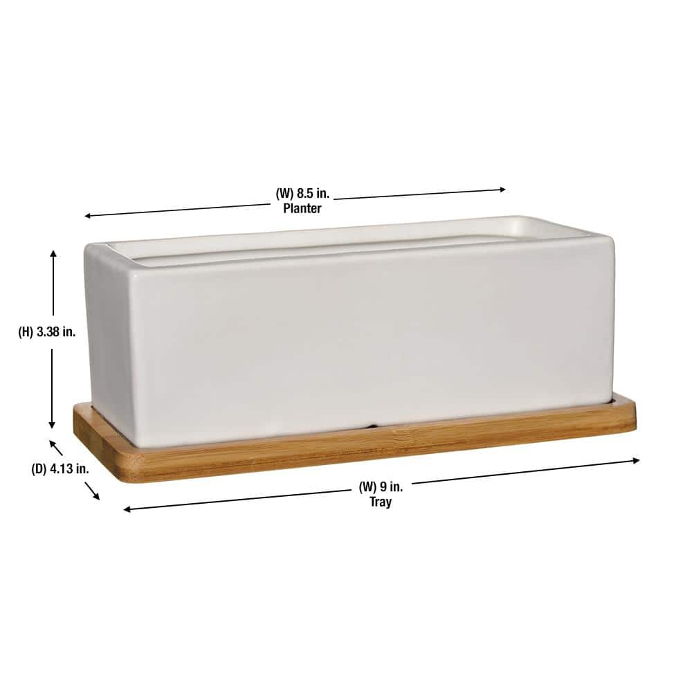 Vigoro 9 in. Nipp Medium White Ceramic Rectangle Planter (9 in. L x 8.5 in. W x 3.4 in. H) with Attached Tray HD1138-089