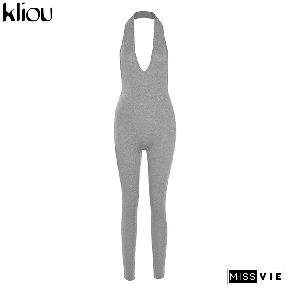 Kliou Halter Women Activewear V-Neck Sexy Bandage Sleeveless Jumpsuit Skinny Rompers Solid Elastic Bodycon Fitness Casual Outfit