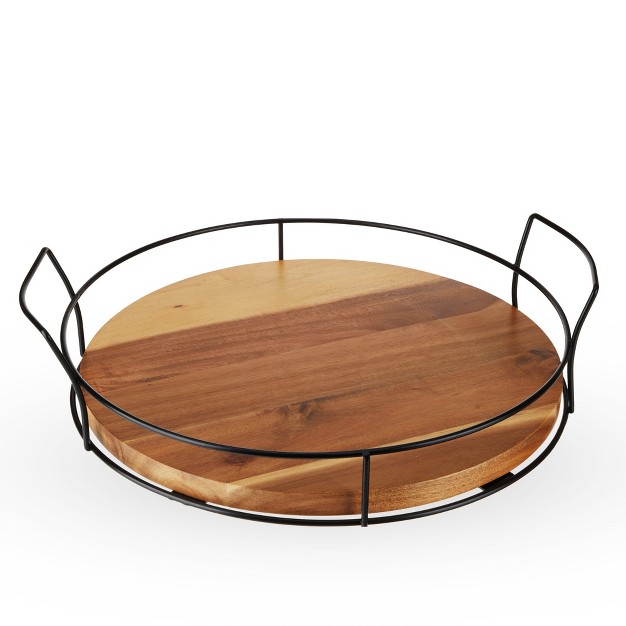 Twine Modern Manor Cocktail Tray Round Serving Platter With Handles For Drinks Appetizers Acacia Wood Metal 15 37 Diameter Set Of 1