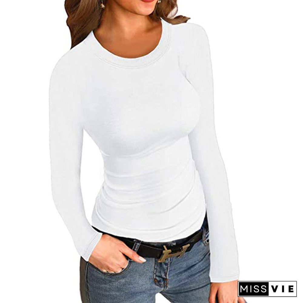 Spring Autumn Women's Ribbed Long Sleeve Slim Fit Round Neck Shirt Fitted Sweater Fashion Basic Casual Top Bottom Shirt