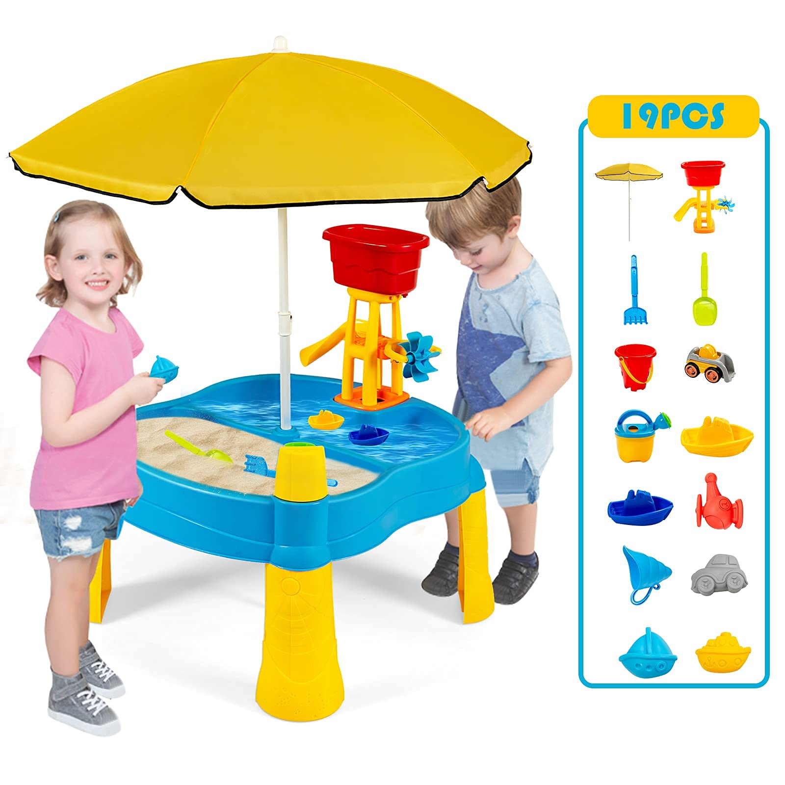 Costzon Kids Sand and Water Table, 2 in 1 Splash Water Table for Toddlers