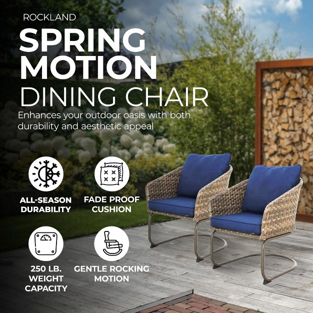 Four Seasons Courtyard Rockland Alloy Steel Frame Spring Recliner Motion Dining Chair Furniture Set With Navy Blue Olefin Cushions Brown Set Of 2