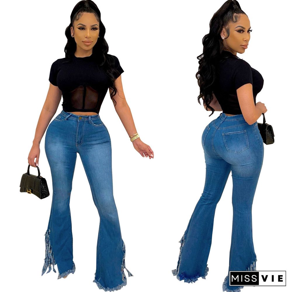 High-waist Slim Fringed High Street Denim Flared Pants