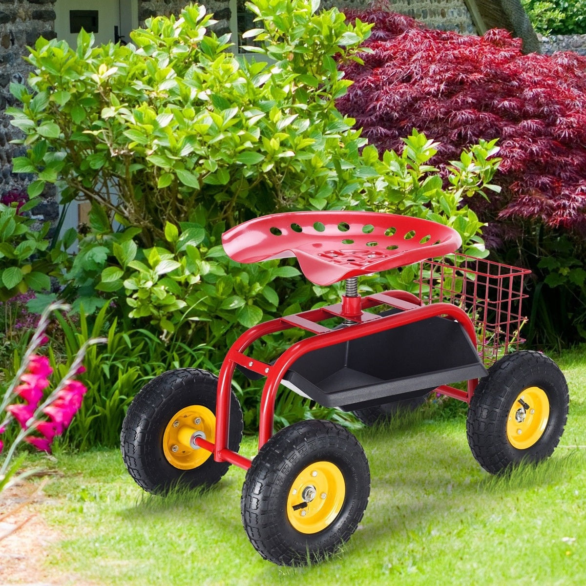 Outdoor Rolling Garden Cart Wagon Scooter with 360¡ã Swivel Seat