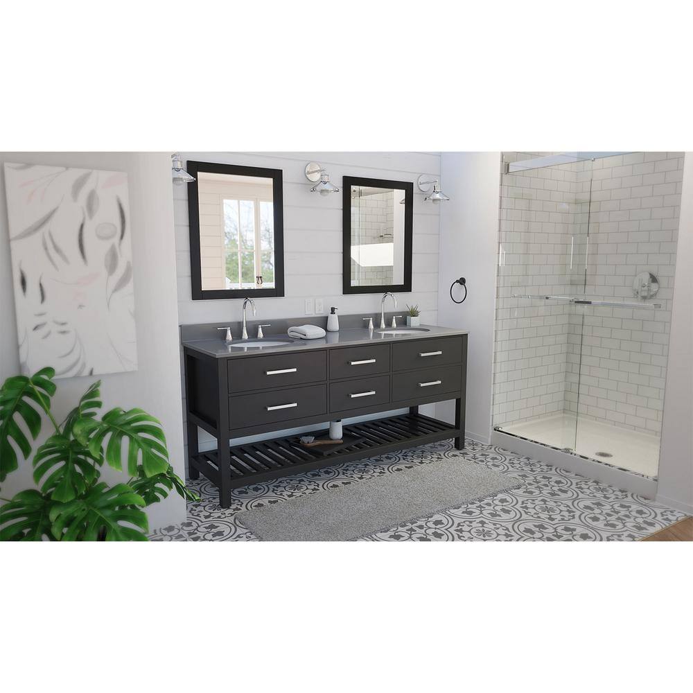 DreamLine Valencia 72 in. W x 22 in. D x 34 in . H Oak Double Sink Bathroom Vanity - Black with Gray Top VFVC722234RGQBK