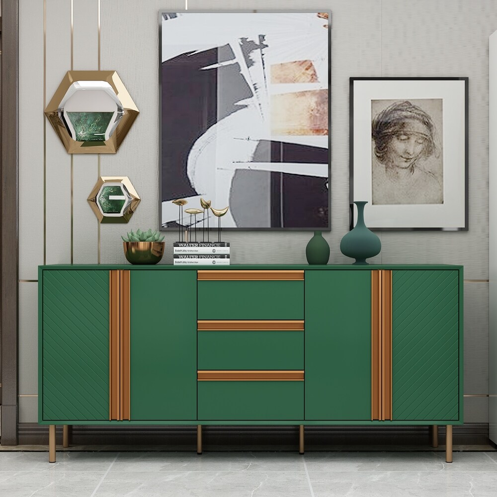 Gold Green Sideboard Buffet Cabinet with 3 Drawers  Adjustable shelves   63\