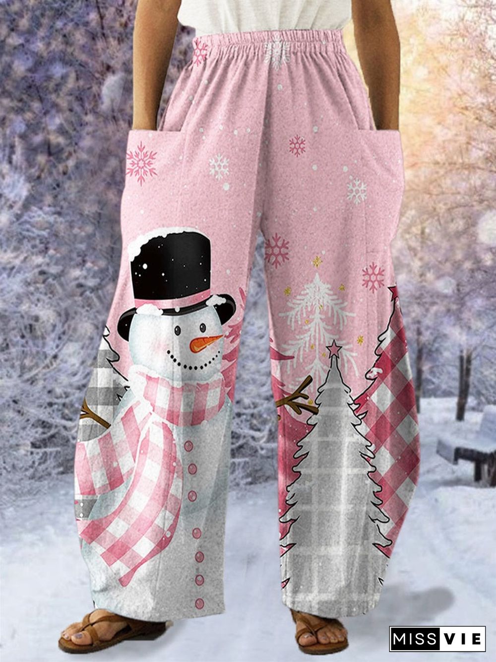 Women's Winter Pink Snowman Print Casual Pants