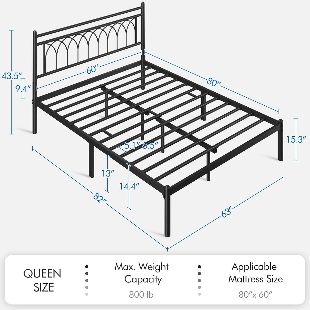 Modern Queen Size Metal Platform Bed Frame with Petal Accented Headboard  Spacious Underbed Storage