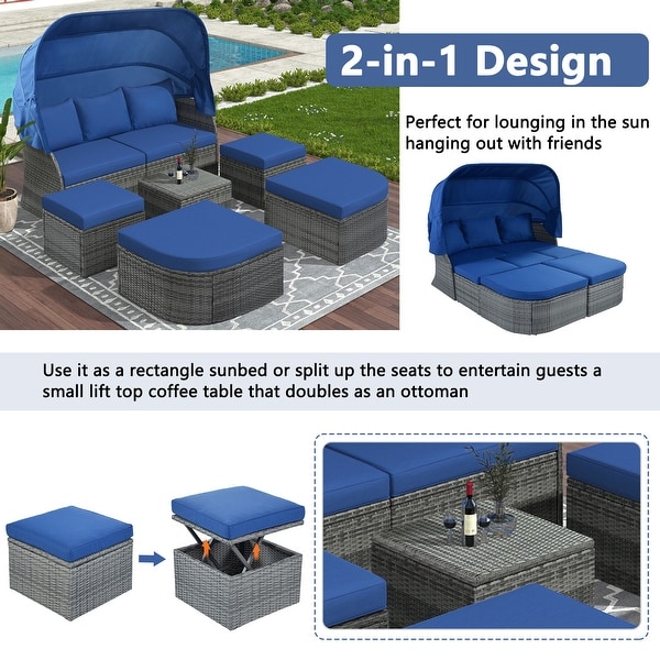 6Piece Outdoor Daybed Set with Retractable Canopy and Conversation Area