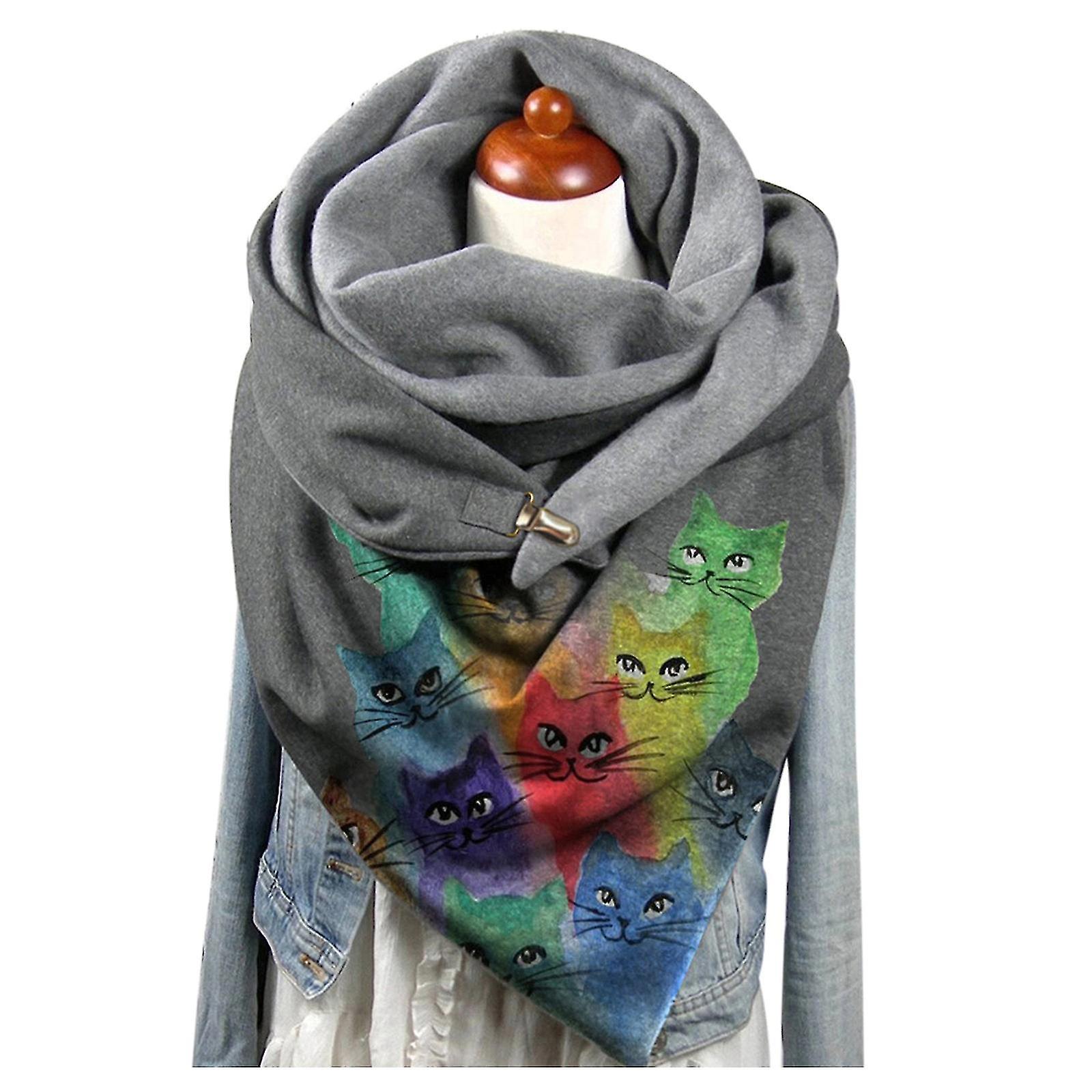 Women Casual Cat Printing Scarf Fashion Retro Multi-purpose Shawl Button Scarf