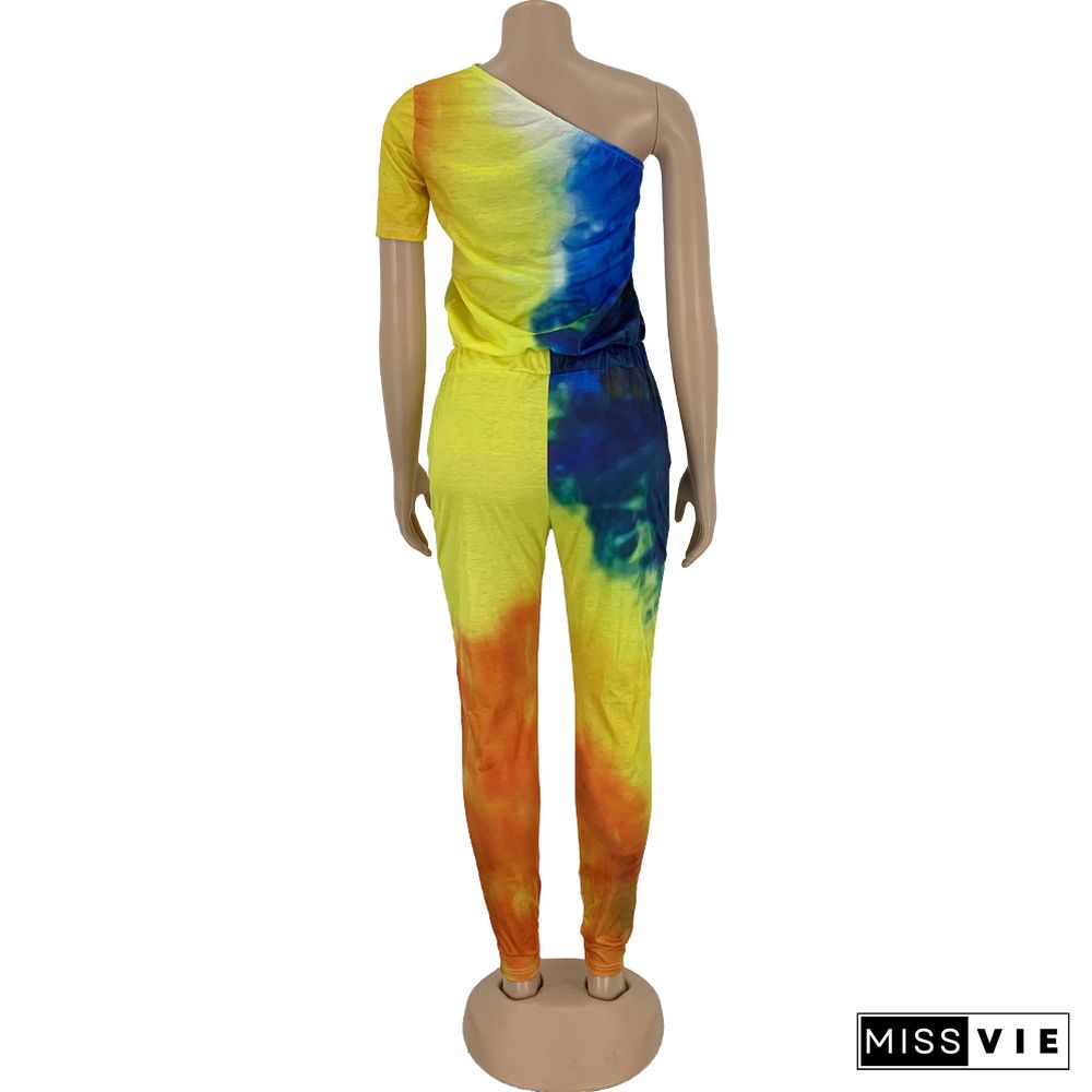 Fashion Tie-Dye Single Sleeve Loose Mid-Waist Jumpsuit