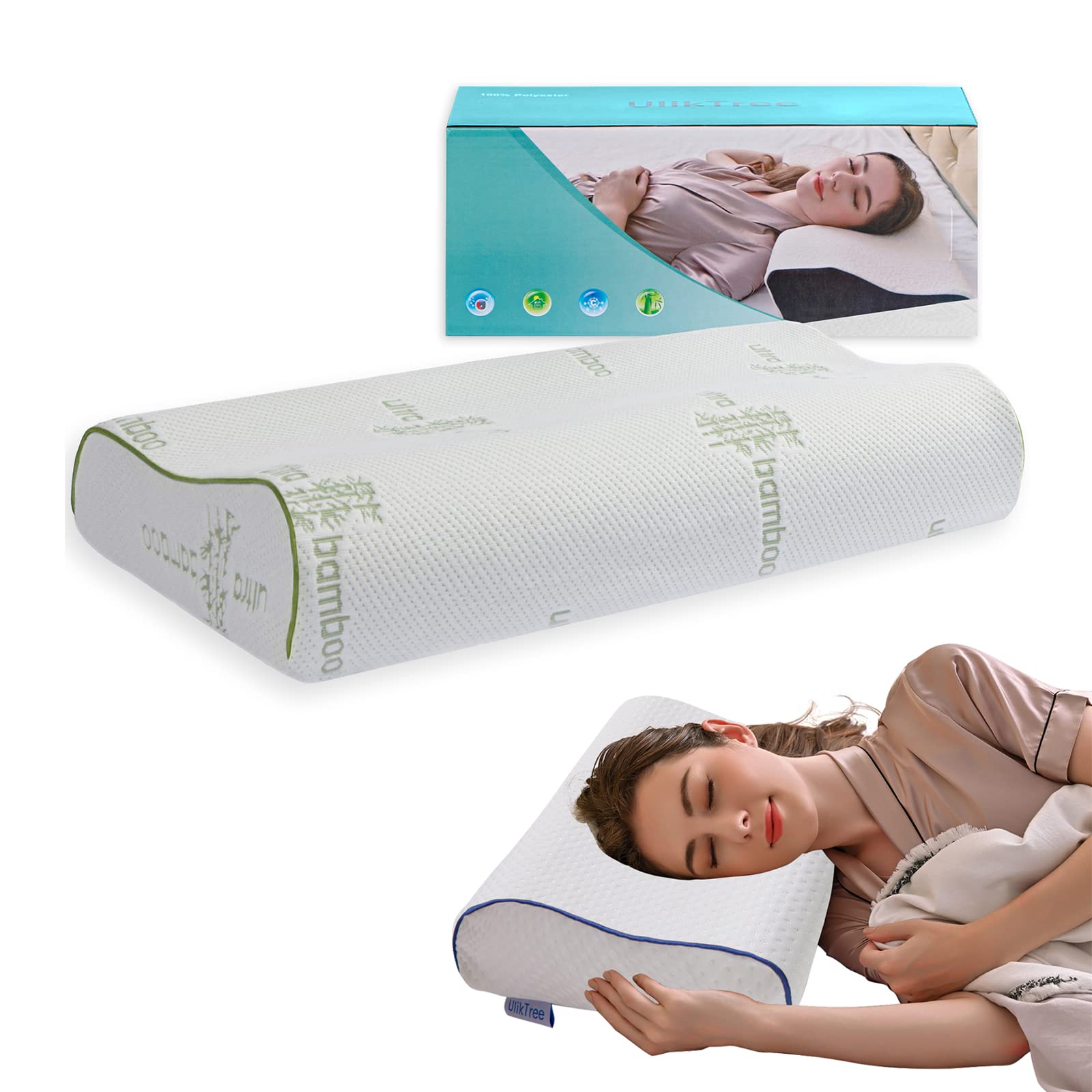 UlikTree Memory Foam Pillow for Neck and Shoulder Pain Washable Cover Cooling Standard Size Bed for Back, Side,Stomach Sleepers Provides Deeper Sleep