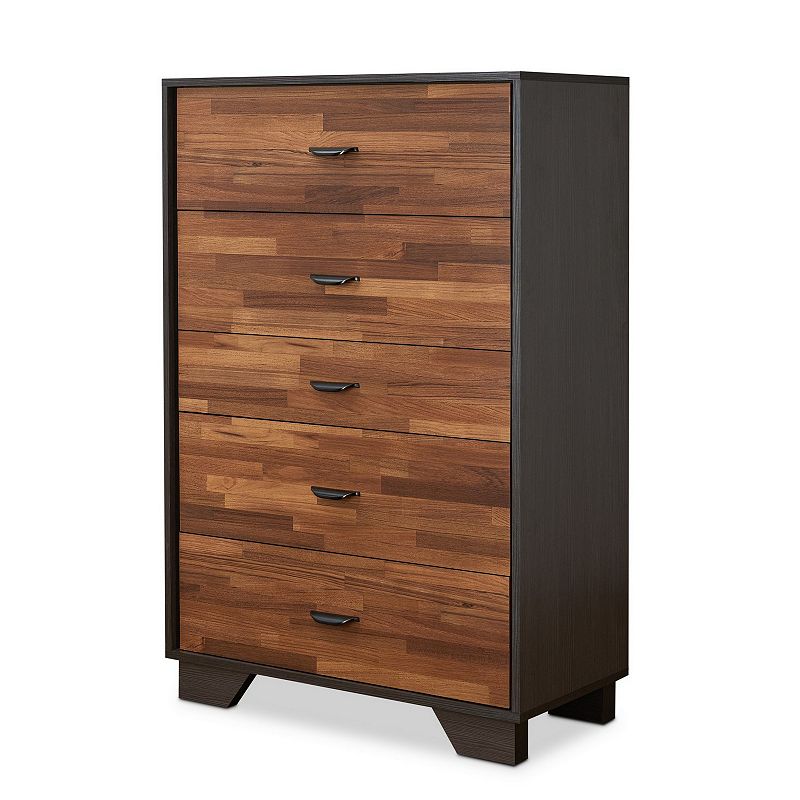 Wooden Chest with 5 Drawers， Walnut and Espresso Brown