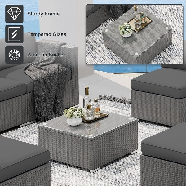 8Piece Outdoor Patio Furniture Grey Wicker Sectional Sofa Set with Fire Pit Table