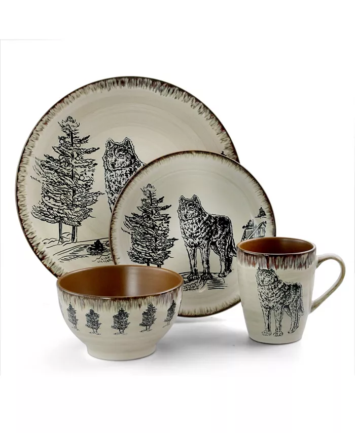 Elama Majestic Wolf 16 Piece Luxurious Stoneware Dinnerware Set