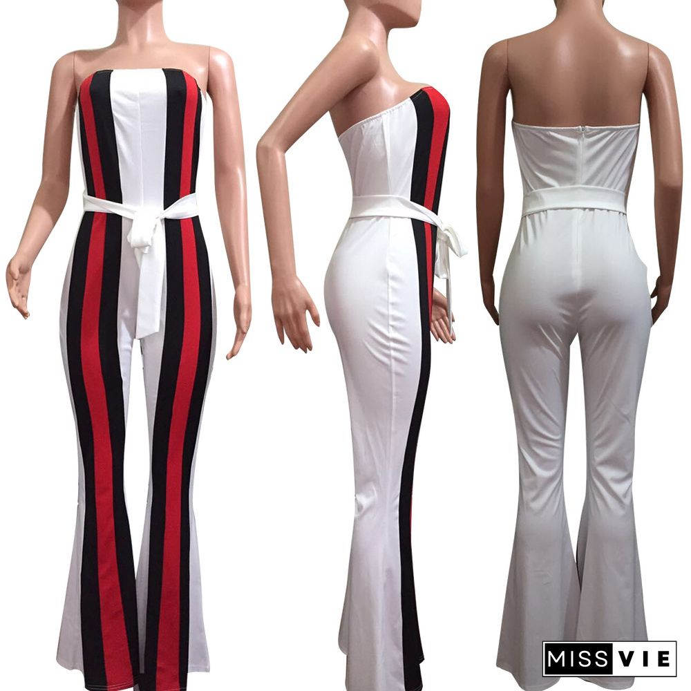 Sexy Stripe Mosaic Chest Wrap Jumpsuit With Belt