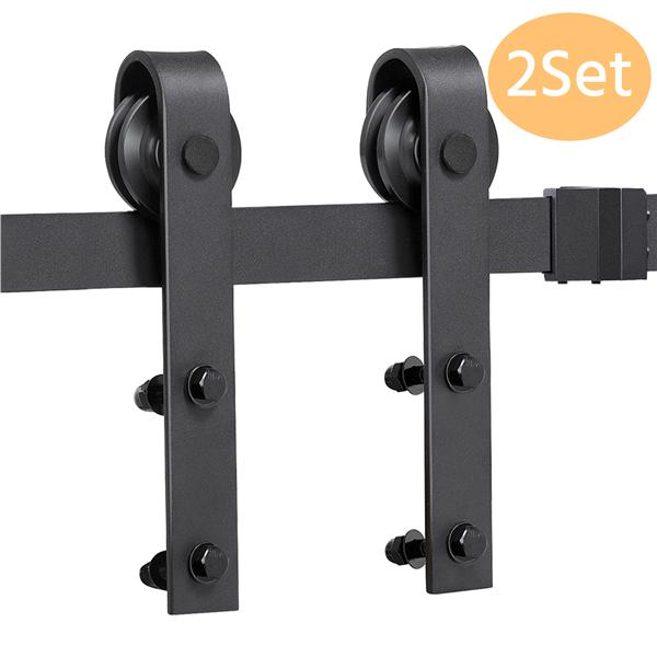 SmileMart Flat-tip Design Black Steel Single-door 6.6 ft Sliding Track Barn Door Hanging Hardware Kit， Set of Two Kits