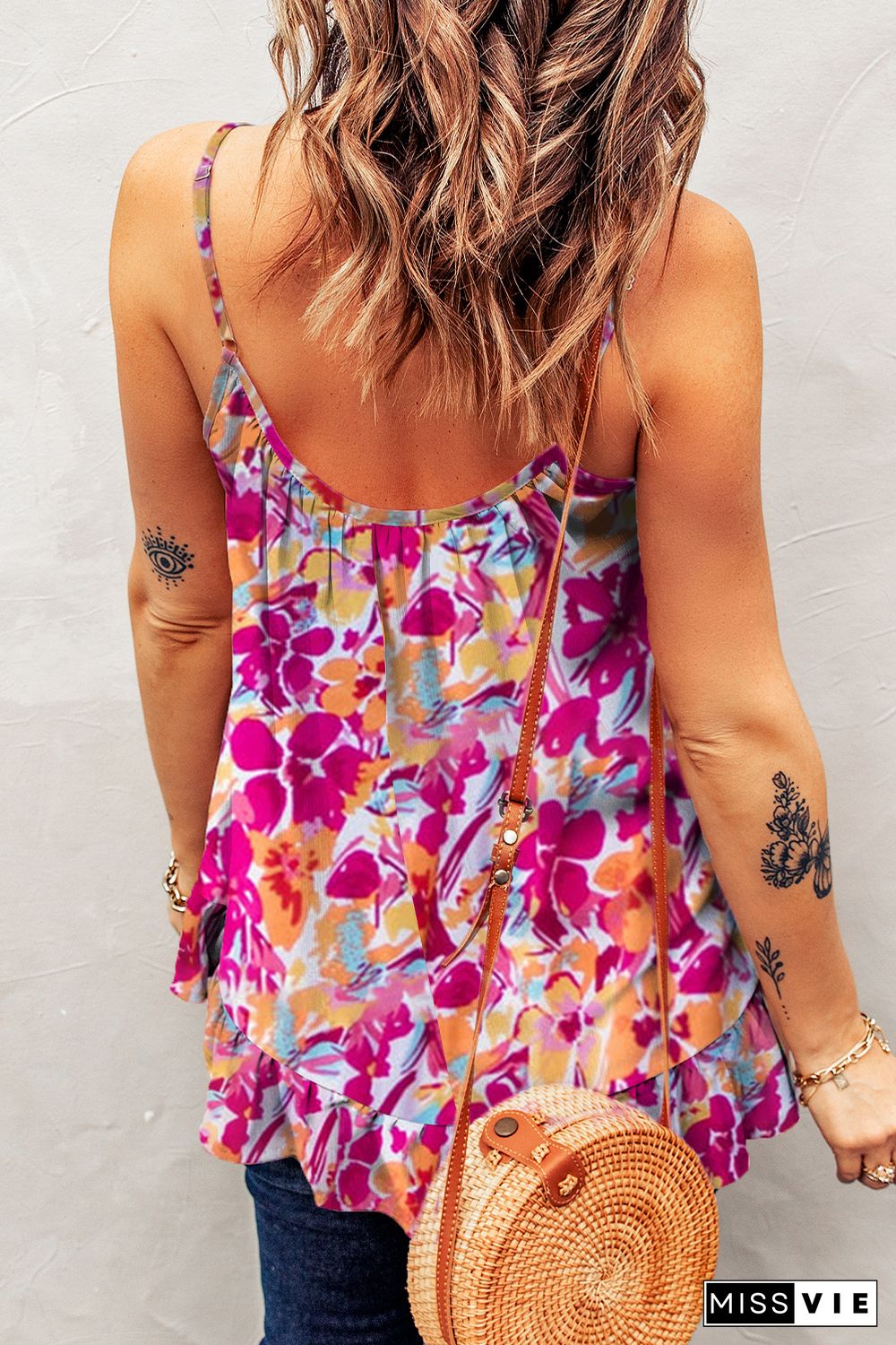 Red Floral Print Loose Fit Spaghetti Strap Tank Top