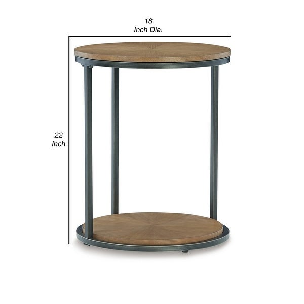 22 Inch Modern Side End Table， Round Wood Top， Black Metal Frame， Brown